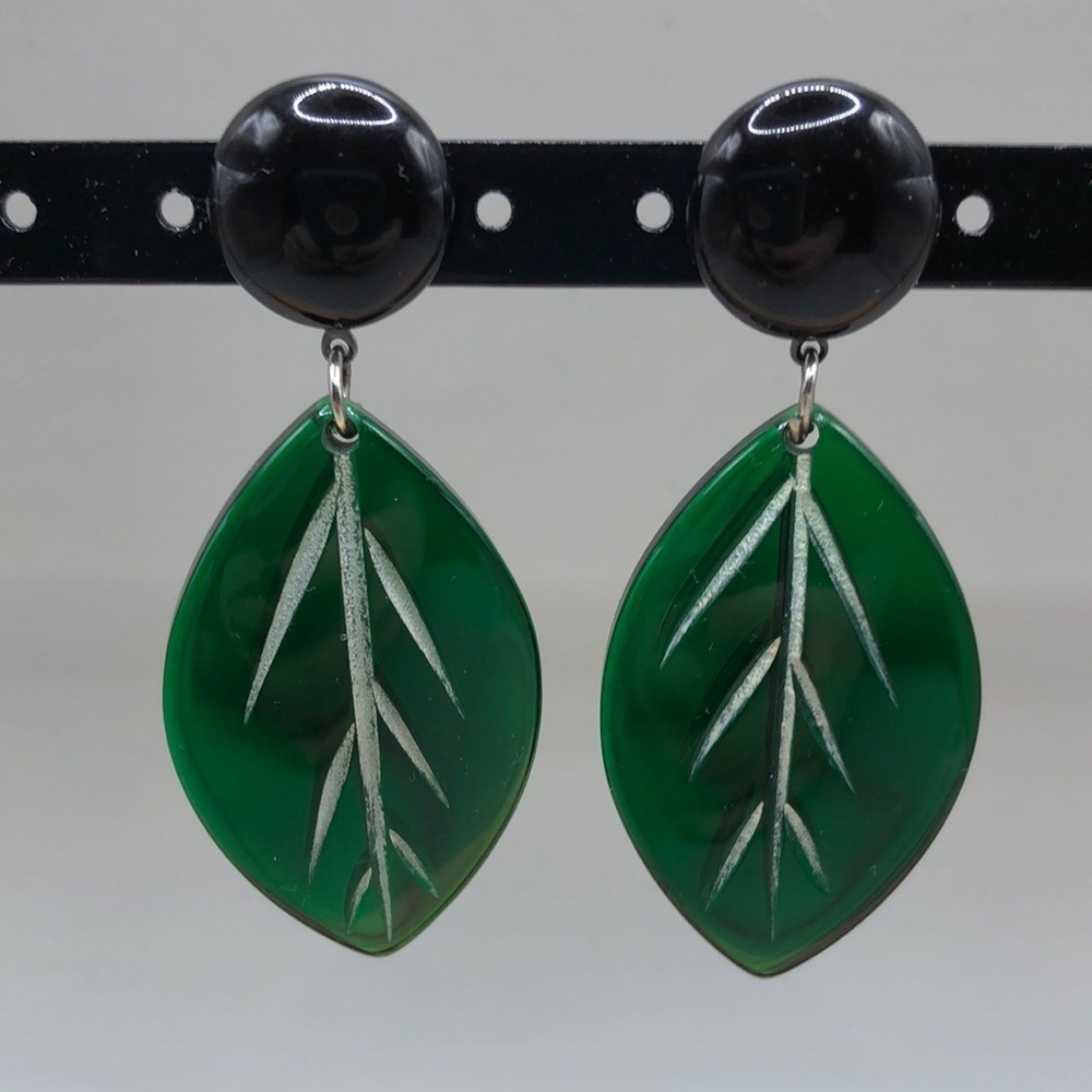 Vintage lucite overlay bamboo branch carved luminous earrings - fun statement.